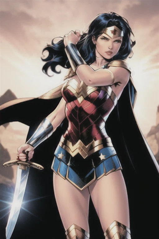 4K, Wonder Woman, muscular body, long hair, metallic suit, holding sword and shield, expression of hatred.