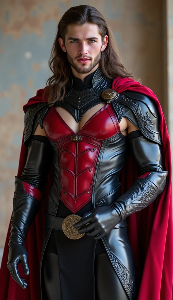 Medieval fantasy god man, tanned skin, long red hair, beard, yeux noirs, cape or et rouge