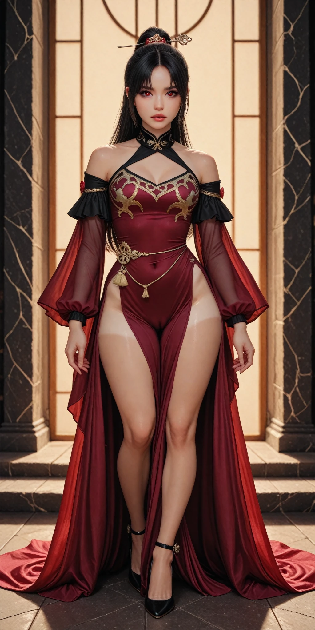 (masterpiece), best quality:1.5, (extremely intricate:1.3), (realistic), girl, portrait, torso, (((maroon gold silk ribbons, lace dress, solo elf woman 30years old))), outdoors standing in a lagoon, intense sunlight, far away castle, professional photograph of a stunning woman detailed, (long curly blonde hair, dynamic pose), sharp focus, dramatic, award winning, cinematic lighting, volumetrics dtx, (film grain, blurry background, blurry foreground, bokeh, depth of field, sunset, interaction, ([flat chest:medium breasts:0.8])), 8K