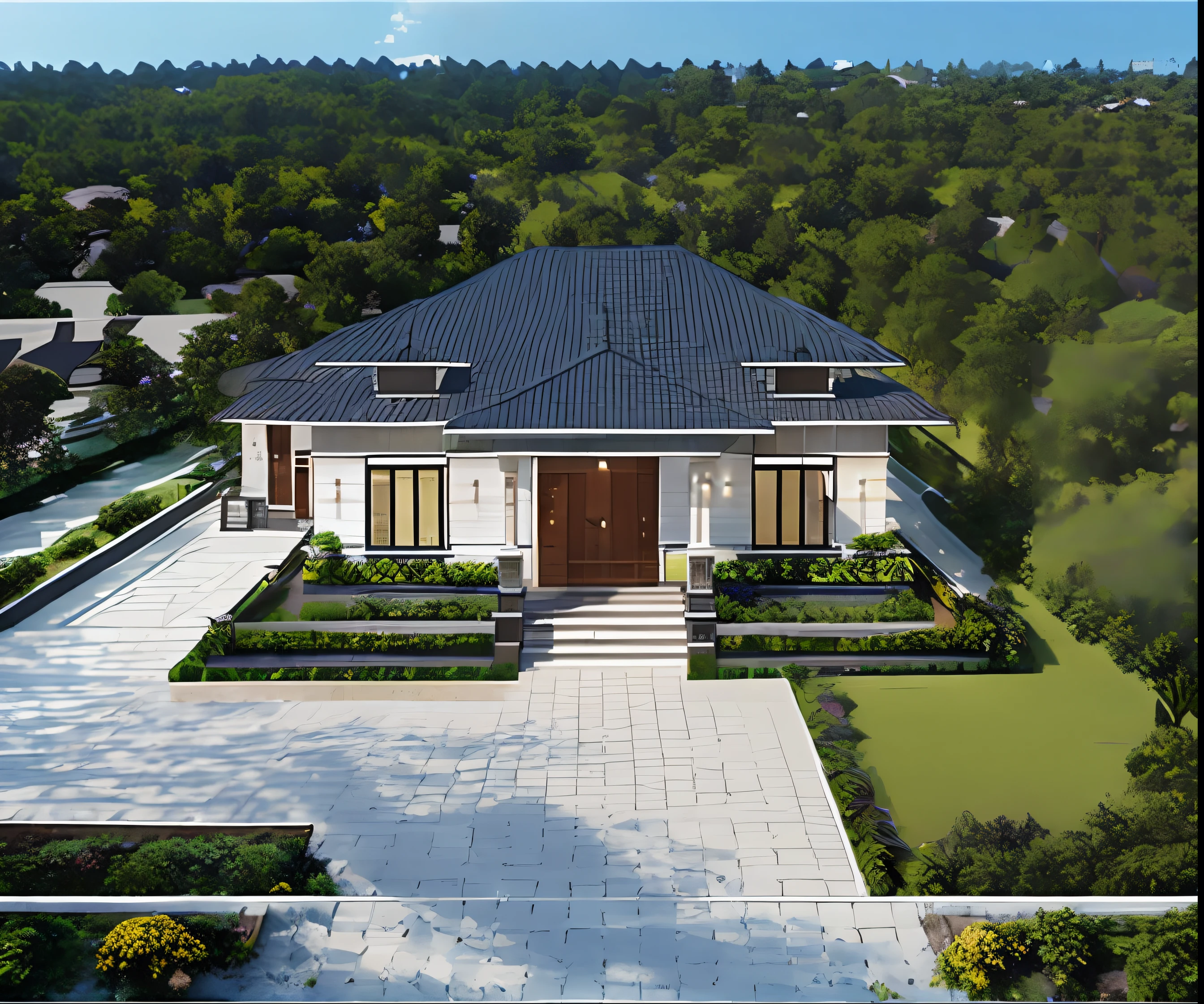 a drawing of a small house with a sloping roof, (brilho:1.3), (morden:1.3)), (estrada:1.3), large space in front of, detail flower front perspective, vista frontal, Perspective view, wide vista frontal, vista frontal, frente, rendering, elevation view, front elevation view, All white rendering, sketch - up to, vista frontal, symmetrical front view, vista frontal, front elevation, 3/4 vista frontal, vista frontal,"A picture showcasing a captivating modern villa, with a large, well-ventilated patio, adorned with vibrant flowers and lush trees."(Foto RAW), The highest quality, (Obra-prima:1.2), high-definition RAW color photo, extremely detailed CG Unity 8k background image, (photographic realism:1.4), (high resolution), Hiperdetalhada, (Fotorealista:1.2), (melhor qualidade:1.3),anatomia perfeita, (exterior), modelo de villa, Super realista , 32 mil, FLORES AMARELAS, Green Grass, fresco, ((Pose aberta:1.1), FLORES AMARELAS, Green Grass, fresco, bright yellow sun, ((Feeling of joy: 1.3)),
The lobby pillar is designed in a neoclassical motif with the base of the pillar covered with black granite, the roof neck is painted in brown coffee to create a pleasant feeling, 3 para-raios, summer midday light