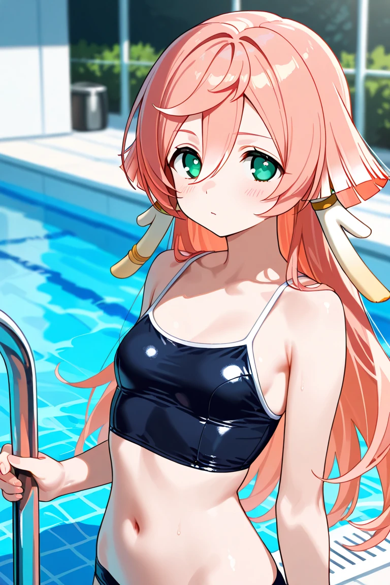 paf_bikini, dark, ad, [[[freckles]]], , fashion show, cameltoe, double-parted bang feathered hair, 1girl, solo, pool, clear water, underwater highlights, water highlights, long tousled hair, spiky hair, tousled hair, pink tousled hair, big hair, pale skin, medium breasts, navel, belly, cute style, thick line lines, red orange eyes, water drops, palm branches, sky 