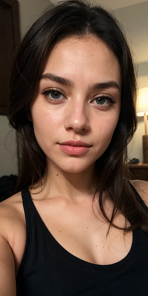 Lucie, face close up, in black transparent underwear, nipples , looking at the camera, black hair