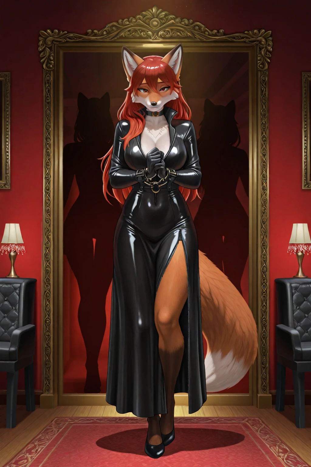 Superior quality, arrogant rich slut, wide, with a long and tight strapless black dress, wearing long gloves, with thigh high black boots, he finds himself in a rich room, Fancy, large breasts