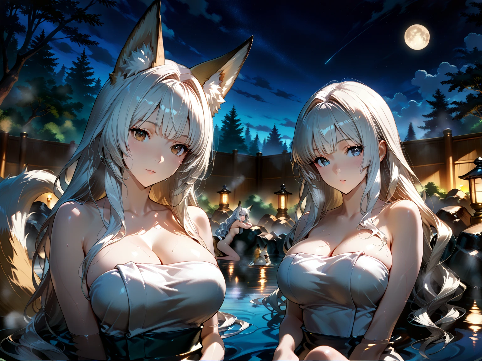 Darkness, 2 girls ,back view, (1 girl from behind), big round butt, blond hair, blond catgirl ears, catgirls, yellow eyes, godess, sitting ,posing, beautiful, detailed skin, hour glass figure, revealing clothing, jewelry, collar, white stockings, lace, halterneck, skin tight white dress, silk, (Wedding dress), (transparent clothing), detailed hands, perfect quality, good quality, masterpiece, HDR, UHD, ((light smile:1.1)),lustful gaze, smiling, sweaty, holy light, halo, steamy atmosphere, ale, ale kegs, beer, party