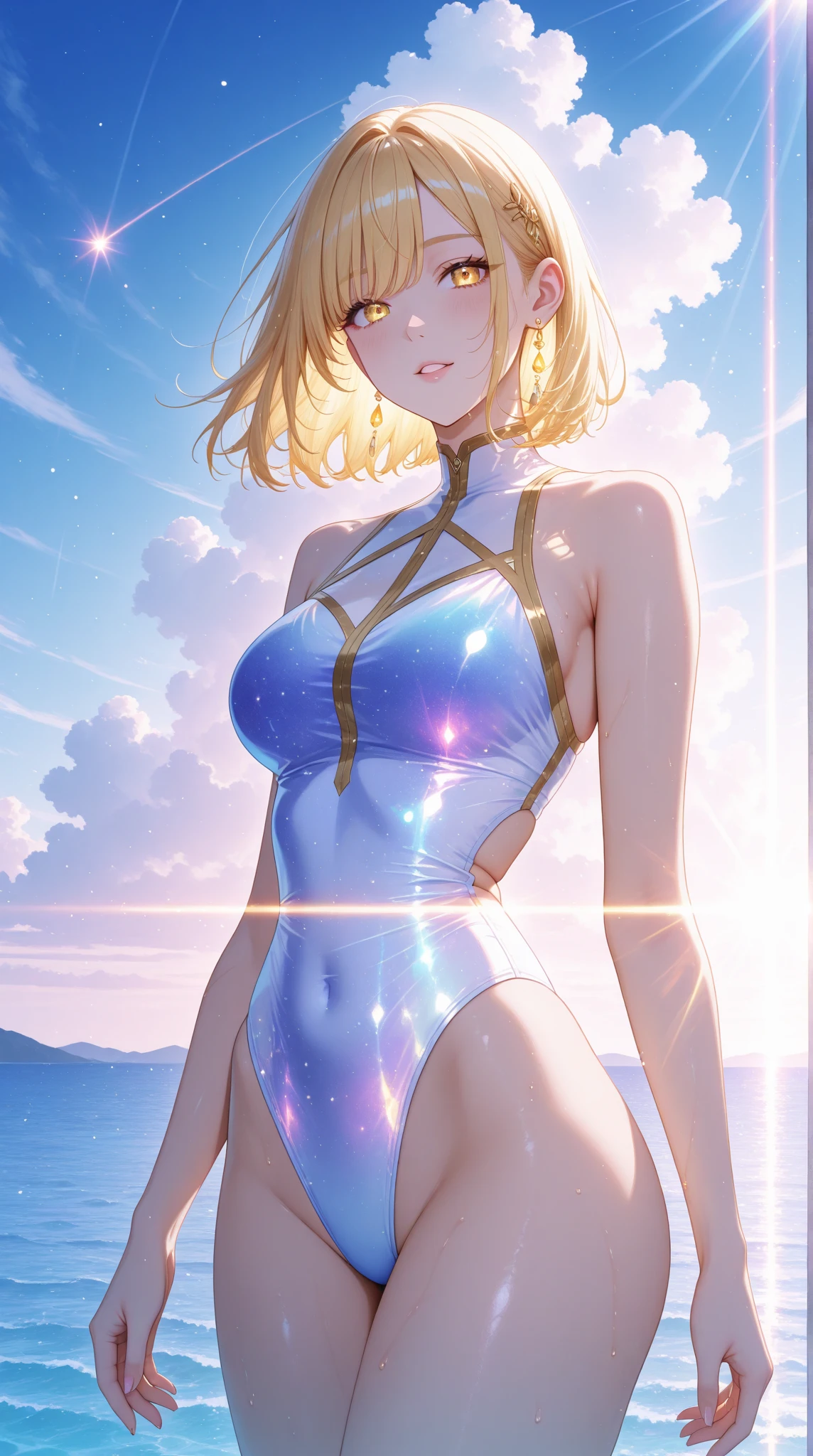 Anime style, super fine illustration, super clear illustration, highly detailed, beautiful detailed, super pale tone image, super delicate illustration, super calm & static image, static representation, gentle expression, 8k, pretty 1girl with blonde straight short hair & blue eyes & a bright smile & Big breasts & nipples & soft fair skin & (shiny skin : 1.6) is wearing the competitive swimsuit in the swimming pool, Olympic, happy stories, solo, perfect fingers, no more fingers, no less fingers, perfect arms, no more arms, no less arms, perfect legs, no more legs, no less legs, no more hair, no more clothes, masterpiece,