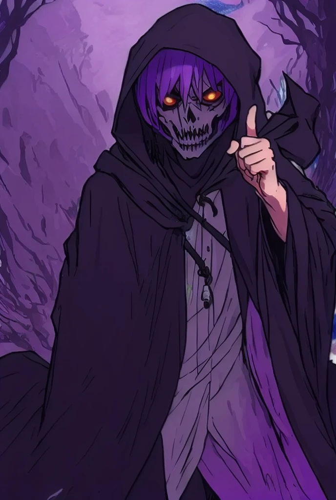 Create a man with a single giant eye on his face (purple) , and a mouth with sharp teeth smiling, a Japanese-style hat with one eye, add several accessories, anime styling (JUJUTSU KAİSEN)