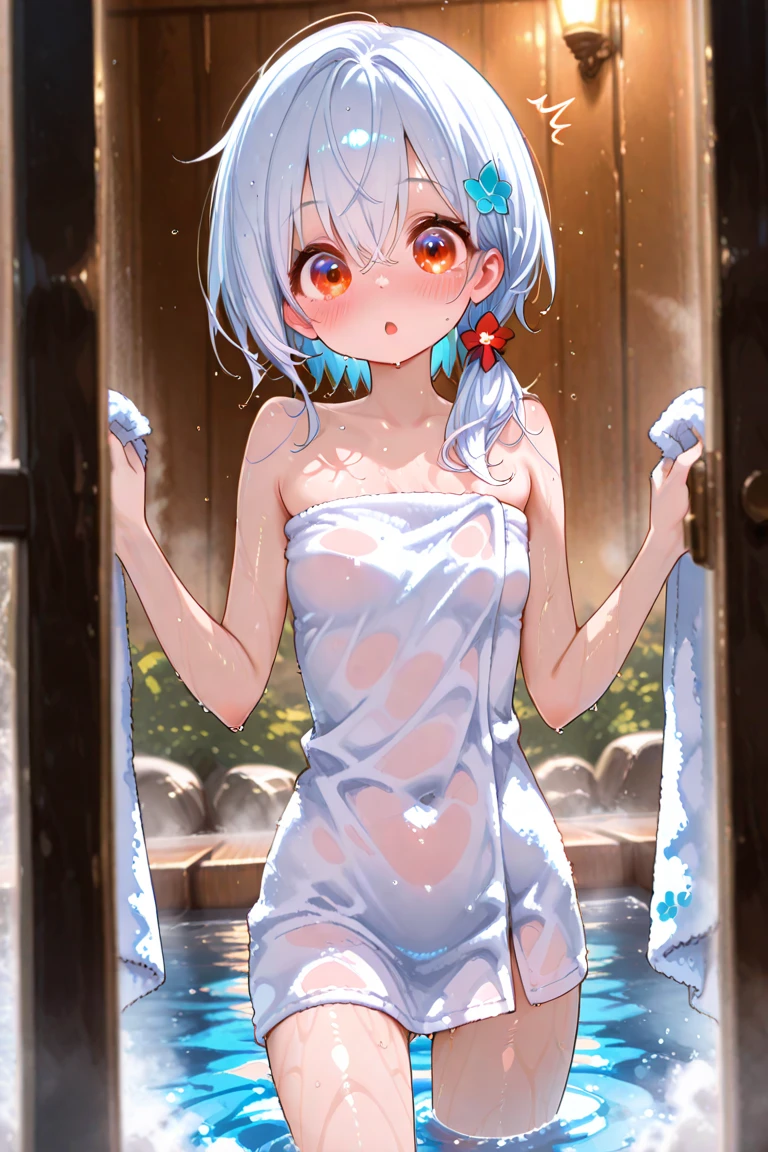(Masterpiece), (Top Quality Anime Illustration), (Super Definition), One Girl, Solo, Beautiful Girl with Silver Hair, Anime Loli, Cat Ear Loli, Petite, Side Boob, Side Breasts, Thigh Emphasis, White Robe, Off Shoulder, Buttocks, Buttocks Up, Back, Wet and Sheerful, Smile, South Island Sea, Water