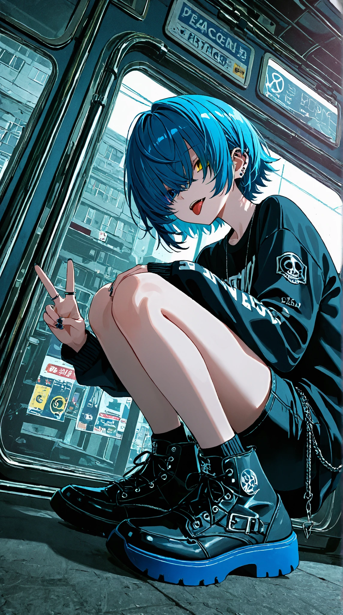 (best quality,very detailed,high resolution:1.2) Delicate Face Portrayal , woman with a perfect face , smile , Black bob , light blue eyes , BLUE EYELINER , A pose sitting with one leg raised , Blue tube top , long jeans , black choker , An alleyway background at dusk