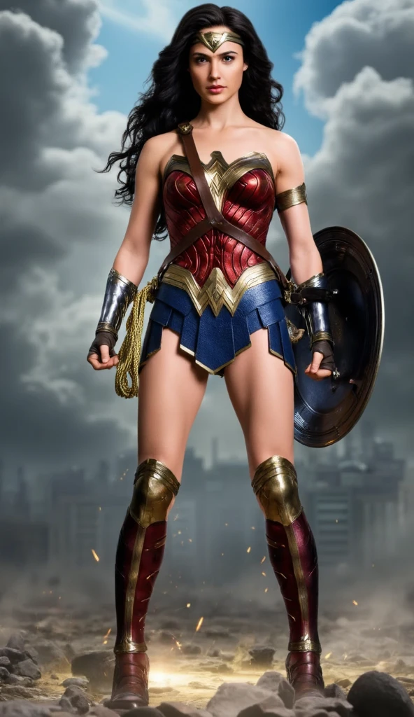 An 18-year-old girl with short, curly blonde hair、Wearing the iconic Wonder Woman suit。A beautiful face framed by golden hair、It shows determination and strength。She stood on the rain-soaked roof、Ready to face any challenge。This masterpiece is、Exemplifies exquisite detail and perfect anatomy。The lines and curves of the suit、Capture the essence of the Amazon princess、It is accurately represented。Her fighting stance is calm.、I am full of confidence、Staring into the distance、protection、Ready to serve。Dark and moody background、Highlighting her bright and vibrant suit、It makes her the focal point of the scene.
