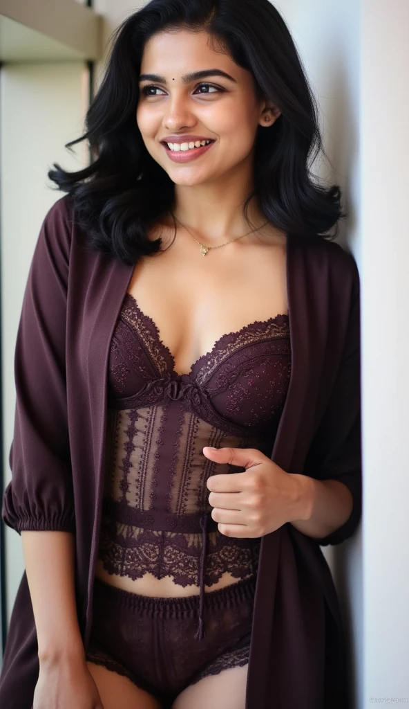 A woman taking a photo wearing a purple lace bra top under a black coat,1 female,Cleavage,Focus on the valley,Teabag,sexy,Realistic,Highest quality,8k, Ultra-high resolution,RAW Photos,Perfect figure,beauty,Small breasts(1.8),View your audience,Shooting from the front,In underwear,Upper body zoom