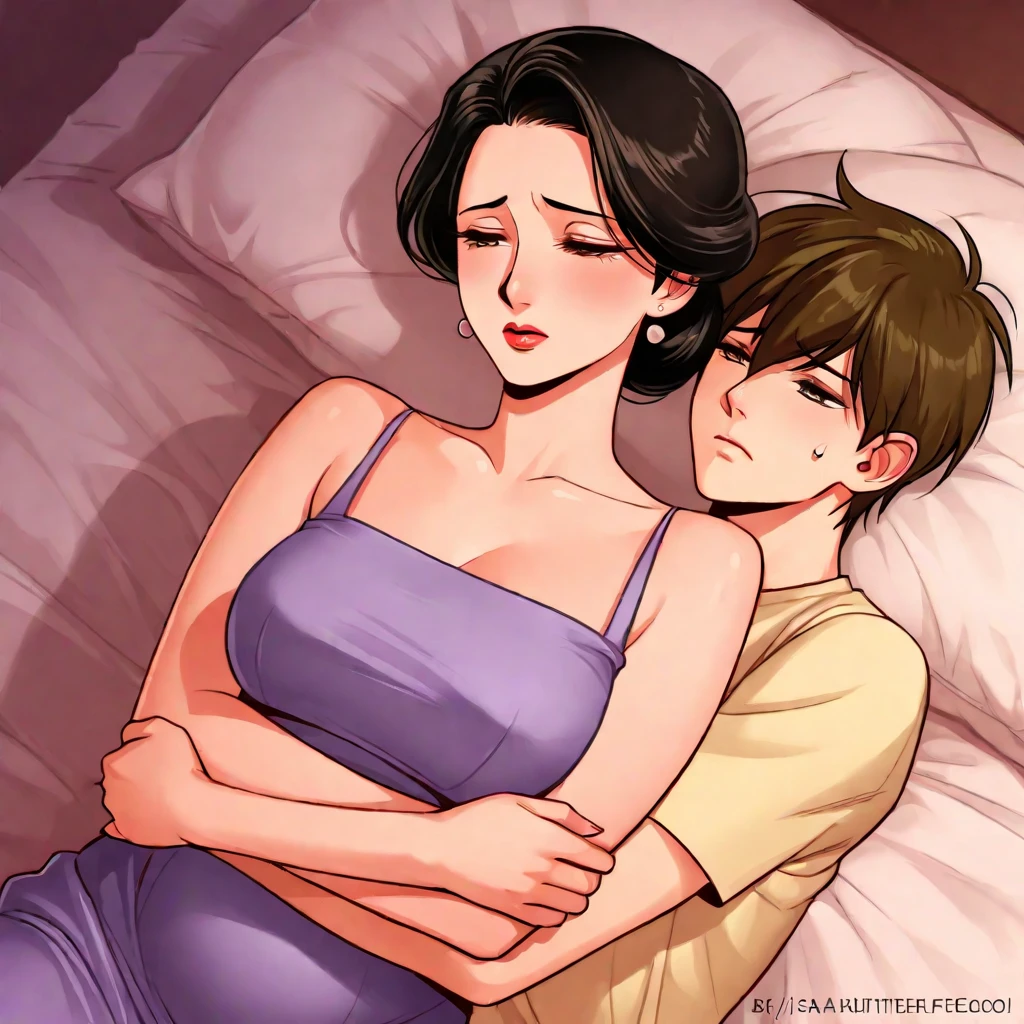 A mature woman in her 50s and her high school son, The wife in the early stages of pregnancy, CEO, maternity dress held by her high school son, A sad, lying in bed, high school son hold and love his mom from behind,