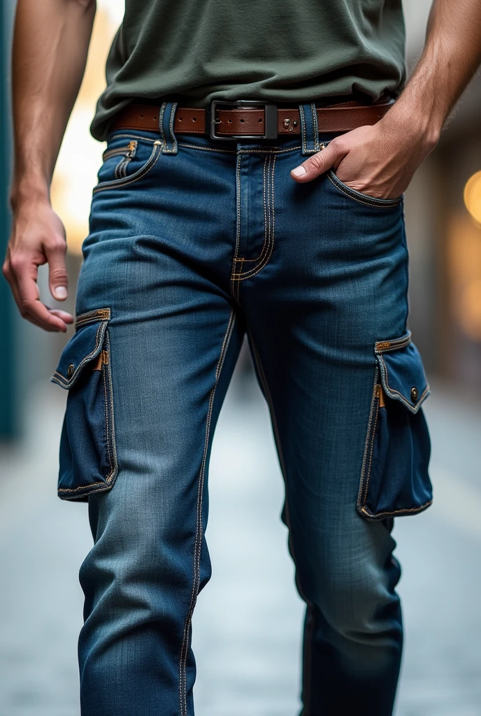 A close-up of a man in jeans, Denim, jeans pants, Denim Jeans Pants, denim pant, Blue jeans. Unreal 5, zido, full height view, high detal, product image, distant full body view, high detail product photo, baggy jeans, Jeans, Blue jeans, cargo pants. Cyberpunk city, demobaza, cargo pants