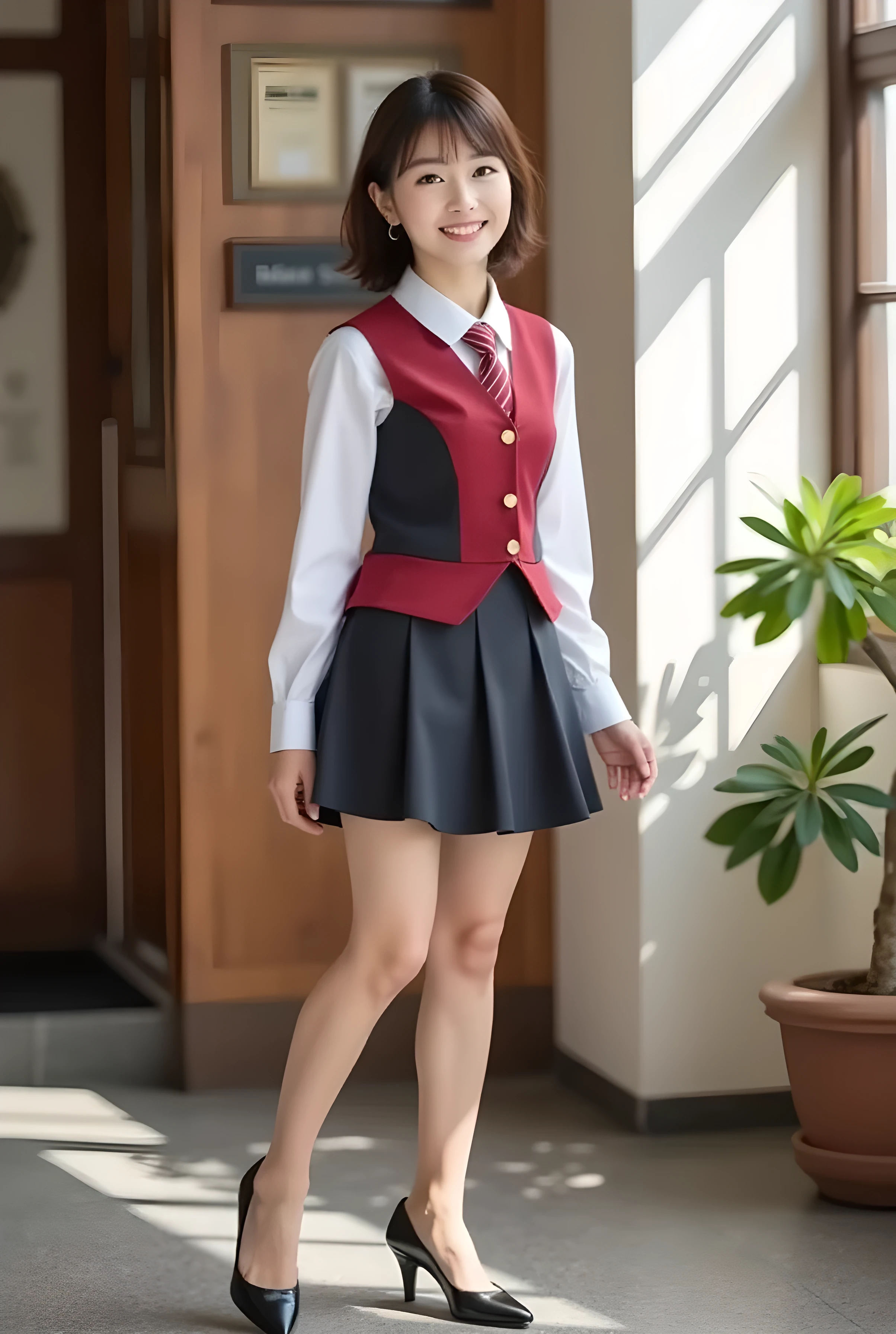 Super Real , photorealistic , (Full body image:1.5), She looks so happy , shadow, Global Illumination , Alone, (Japanese woman in her 20s :1.5), very beautiful、 cute smile , Slim, brown hair , beautiful legs , Long, slender legs , Surimi West , She's wearing a receptionist ,wearing a bus guide , turn your body forward、 white hair,full body photo ,Please take a picture up to the tip of your foot ,wear dark beige pantyhose on her legs ,When the light hits stockings, they reflects beautifully., I'm wearing black high heels ,