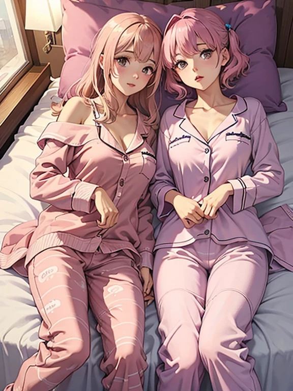 an adult girl, Blonde, blue eyes, loose hair, lying in her bed with a somewhat sick face, in pink full body pajamas, There is an adult boy next to her sitting on the bed to take care of her., black hair