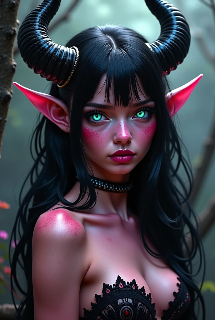 ((NSFW)), ((Mediovale)), Tiefling Drake Warden, pinkish skin, ram horns,  ((full body)), completely white eyes, scar on the lips on the right side, Bblack hair, hair tied in a bun, scraping both sides, a braid on each side of the bangs. Bronze Drake companion pet, 