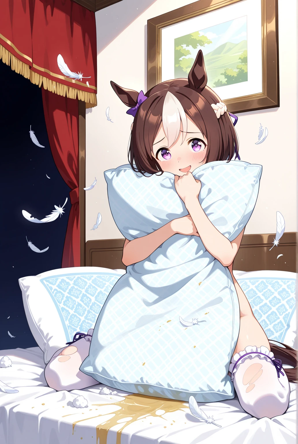 ((best quality)),in 8K,from above, cinematic lighting, (Sleeping happily smiling on a small flower、Open your mouth and drip a lot of saliva、Very unkempt hair, exposed breast, Hide your nakedness with a tattered and torn dirty blanket、Slender small breasts)、Textured skin, Cat ears, Pale brown hair, Cute Beautiful Girl、Beautiful ruins covered with many flowers、Hot summer days