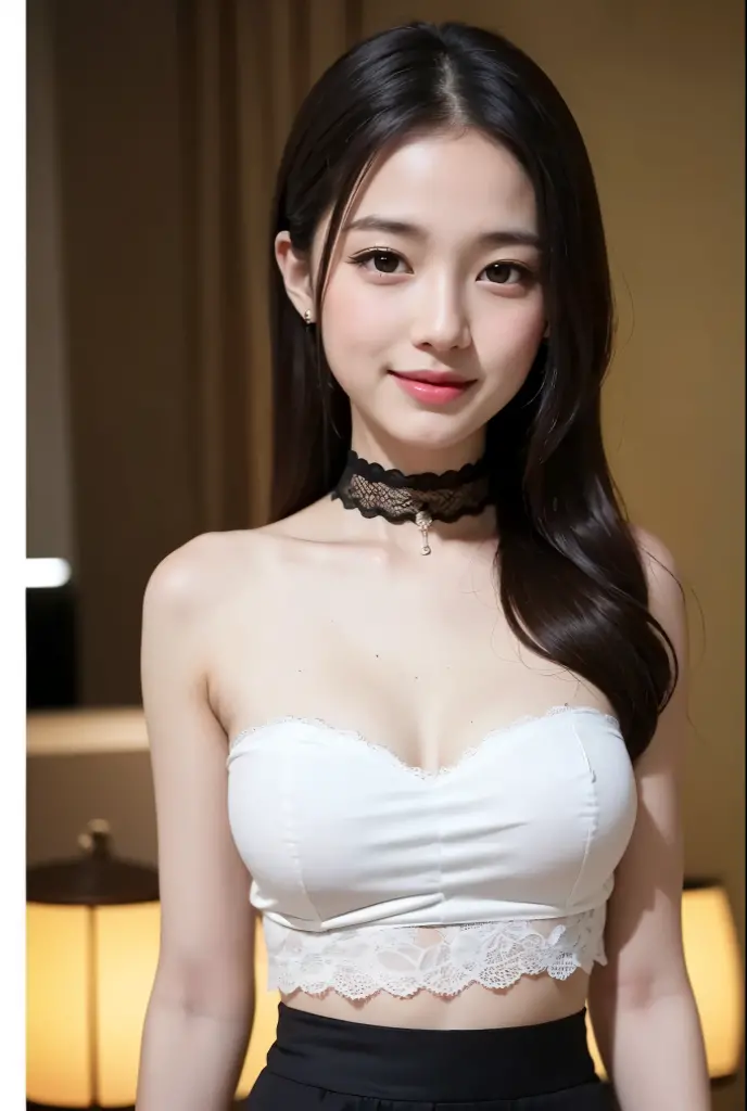 (((best quality))),(((ultra detailed))),(((masterpiece))),illustration,((1girl,solo)),(straight black bob hair:1.2),((slim,thin)),((small breasts,flat chest)),sitting,(in KFC:1.3), (burgers and drink on the table:1.2),((strapless white bra)), clean, fresh, bright face, sparkling eyes, rosy cheeks, beautiful smile, white teeth, neatly combed hair,sexiness,visible, natural, carefree,bustling restaurant, other customers, enjoying meals, chatting, bright lighting, warm atmosphere, joy, relaxation, cute appearance, carefree attitude, visually appealing, heartwarming,((close-up of face,from front))