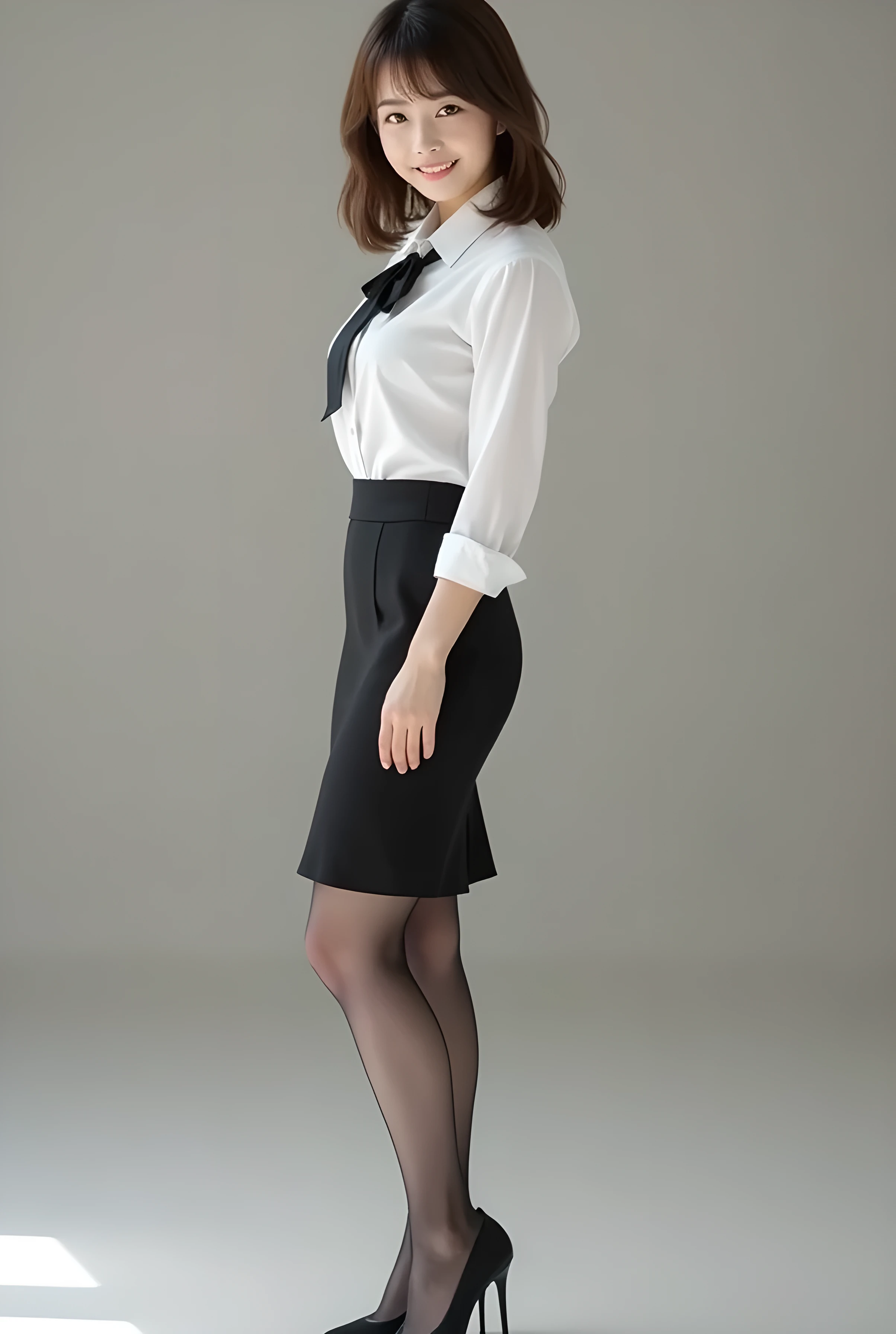 Super Real , photorealistic , (Full body image:1.5), She looks so happy , shadow, Global Illumination , Alone, (Japanese woman in her 20s :1.5), very beautiful、 cute smile , Slim, brown hair , beautiful legs , Long, slender legs , Surimi West , She's wearing a receptionist ,wearing a bus guide , turn your body forward、 white hair,full body photo ,Please take a picture up to the tip of your foot ,wear gray pantyhose on her legs ,When the light hits stockings, they reflects beautifully., I'm wearing black high heels ,