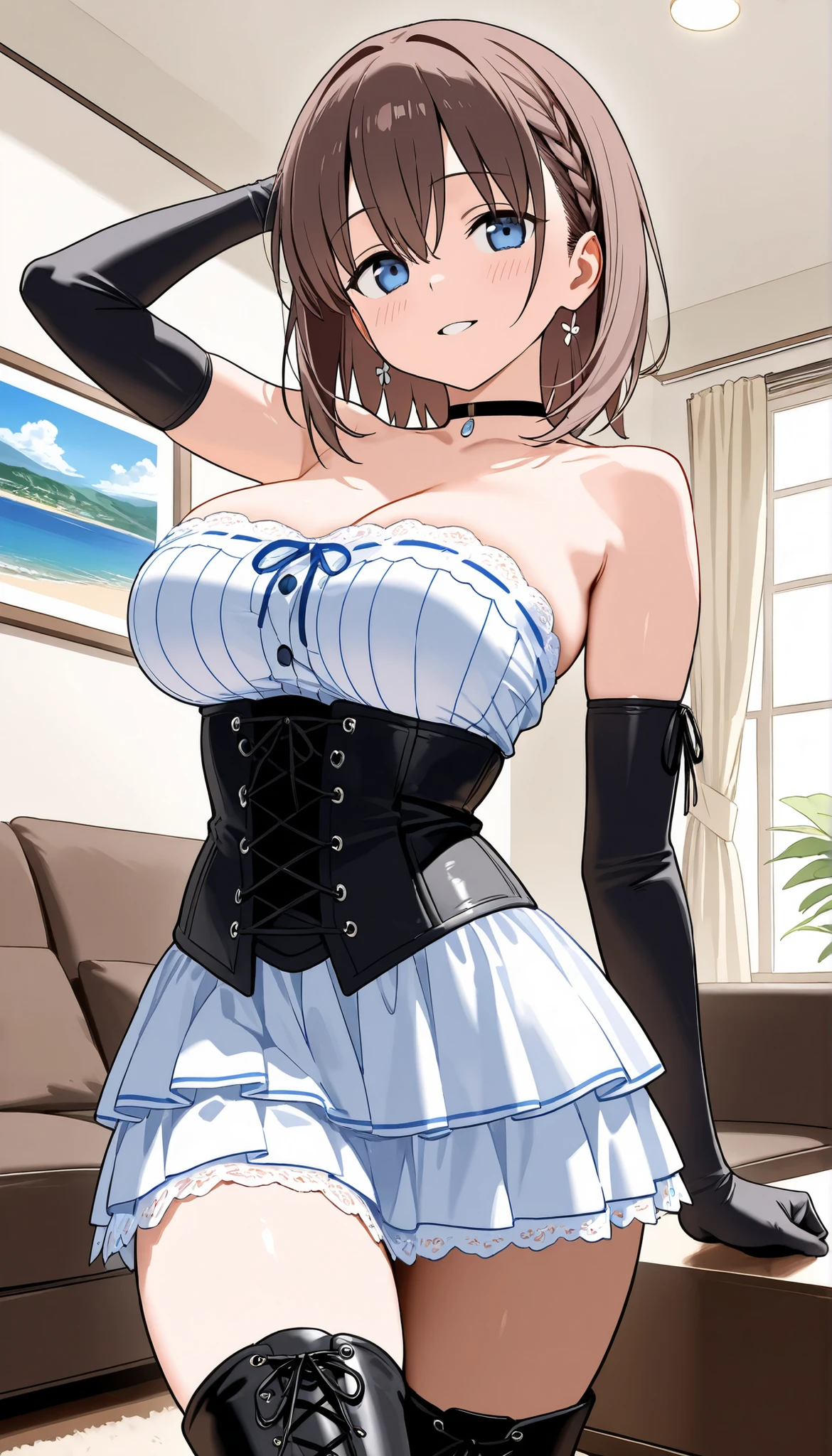 Una mujer mayor . mature, huge, big breast, dark brown hair, her light yellow eye, round, big eyelash, she dresses in a black maid top, shows her navel and dresses in a metallic black maid skirt and is happy kissing her husband