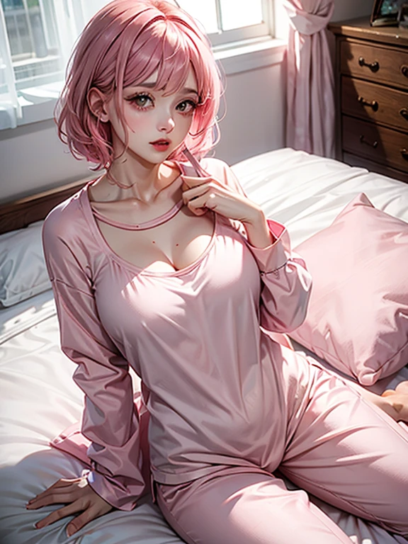 Sleeping girl,22 year old,realisticlying,Wearing pink pajamas,A pink-haired,Reveal underwear lace