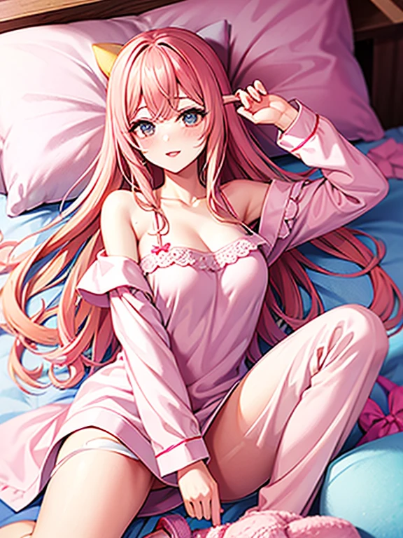 Beautiful illustration、top-quality、Cute little girl s、Bedroom、A pink-haired、length hair、(((Pink pleated skirt)))、(((pink sailor suit)))、shortsleeves、Colossal tits、a navel、Flipping up the skirt with your hands、Show white panties、Pull up your skirt and show your panties、bare-legged、blue eyess、on the beds、lovely thighs、glowing thigh、Peeking from below