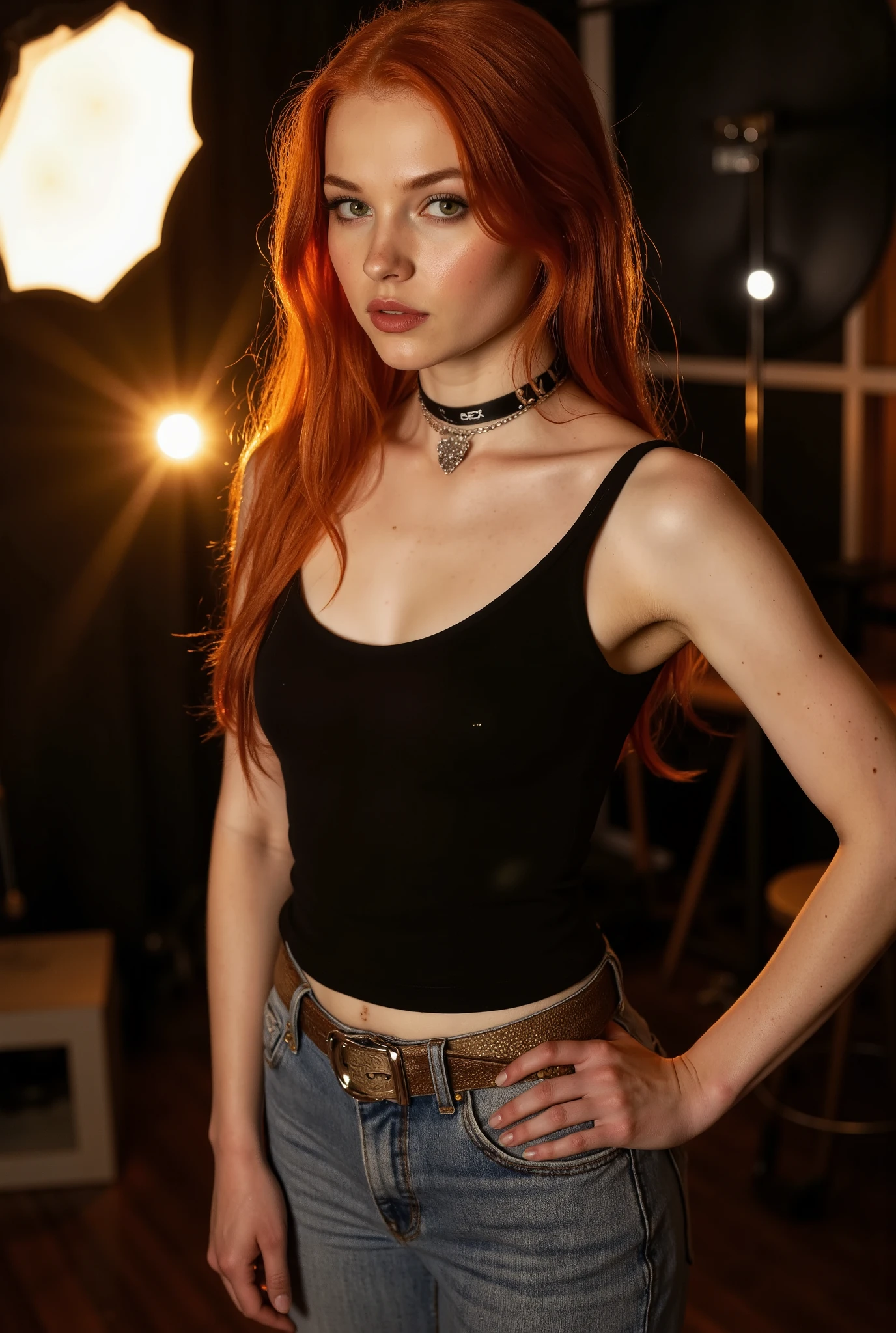 A photo of a seductive woman with flowing red hair, posing in a dark studio, she is wearing a button down shirt and pants, details Intricate, shiver, face perfect, shy, modest
