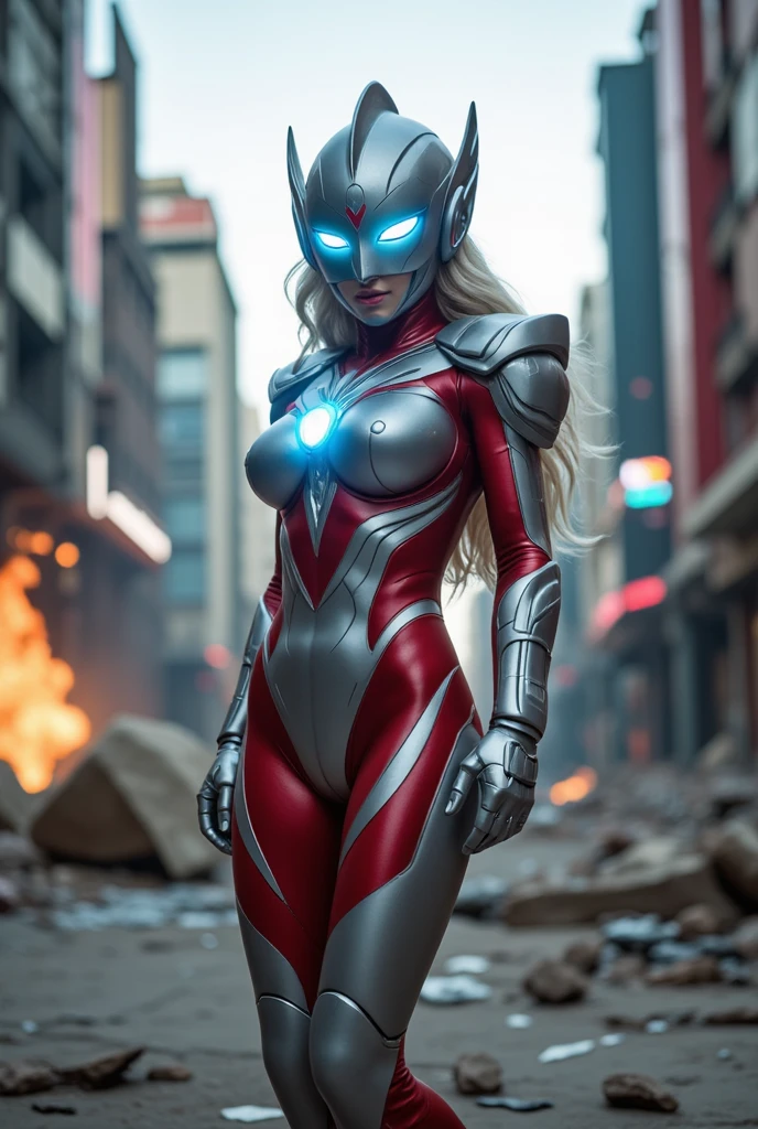 (masterpiece、8k、Ultra-delicate、hight resolution),(((Female Ultraman))),medium breasts,(((No muscleedium Boob))),(His head is tapering,The body is made of red and silver,The arms present a streamlined design,On the chest there is a round calculator,Looks tall and thin,The overall shape is streamlined、modern),(standing athletic pose),posed for photo,high-angle,nigth,city ruins,backgroung details,(((full body Esbian))),solo,(((Huge feeling))),NSFW,cameltoe,Dynamic Pose,from below,groin focus,the morning sun,(Erect clitoris:1.3),(Squatting:1.2),spread legs,(Open pussy:1.1),((wet pussy:1.1)),(long silver hair:1.1),red blush,smile、Attaching a cloak,(cum on face:1.2)