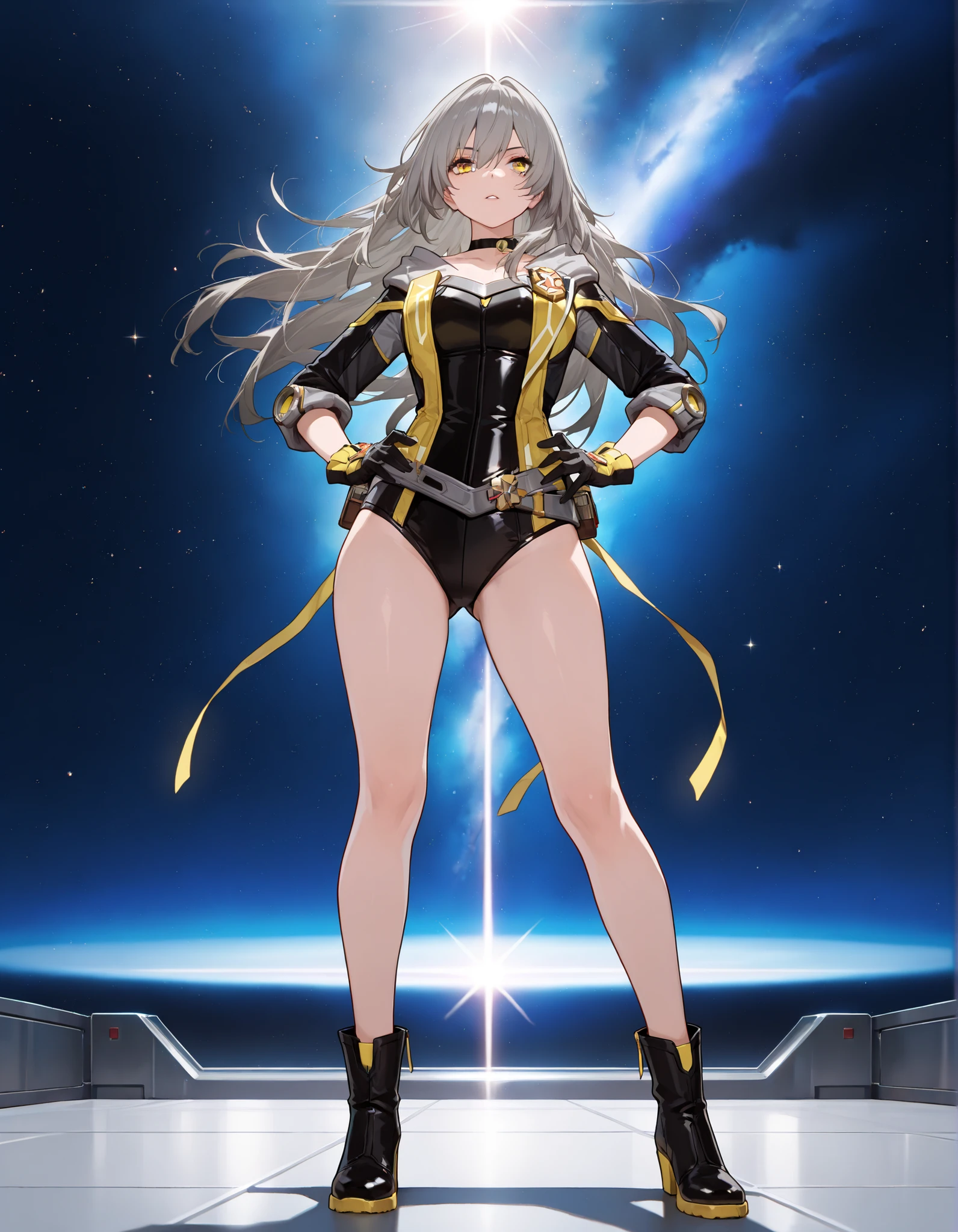 (masterpiece), (best quality), (high res), professional, beautiful detailed eyes, beautiful detailed face, serious, perfect hands, complete fingers, perfect anatomy, perfect proportions, 1girl, grey hair, shoulder length hair, ahoge, wavy hair, black hairband, auburn eyes, cute face, stoic, ninja, black leotard, black tactical gloves, bare legs, gold bracelets, black thigh-high boots, (full body portrait), (solo, solo focus), cowboy shot, space backdrop. (T-pose, legs together). (spins fast in place like a tornado, whirls fast in place like a tornado, tornado whirling, spiral lines around her, spinning energy pulse around her, storm winds around her, whirls into a tornado, (she whirls) in (super speeds)). full body costume design. curved sword slash. she super-spins. time travel, time warp.
