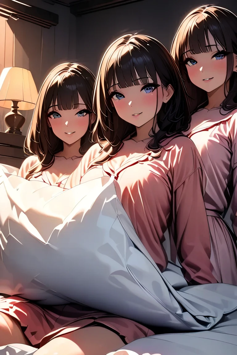 multiple thick body large breast females wearing long floral pattern lace night gown open center show panties lying on bed side by side on grass in meadows, females spread legs wide open, nsfw