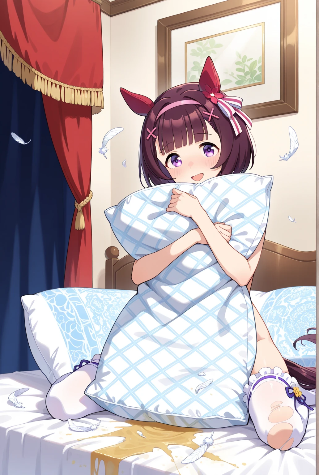 (best quality, masterpiece),1 girl, solo, mine , full body, nsfw, details, (Light and shadow oxtail) , Cute girl posing on pillow ,Pillow,steam,(Luxury Pillow)pile of pillow at background,(bedroom ), pillow humping,humping, pillow straddling, straddling , crotch rub, hump,open mouth , pillow on between legs, kneeling,(Steaming hot),(pillow) , pillow grinding, rubbing crotch on a pillow, rinshelter, frilled pillow, large pillow, (((square shape pillow)))