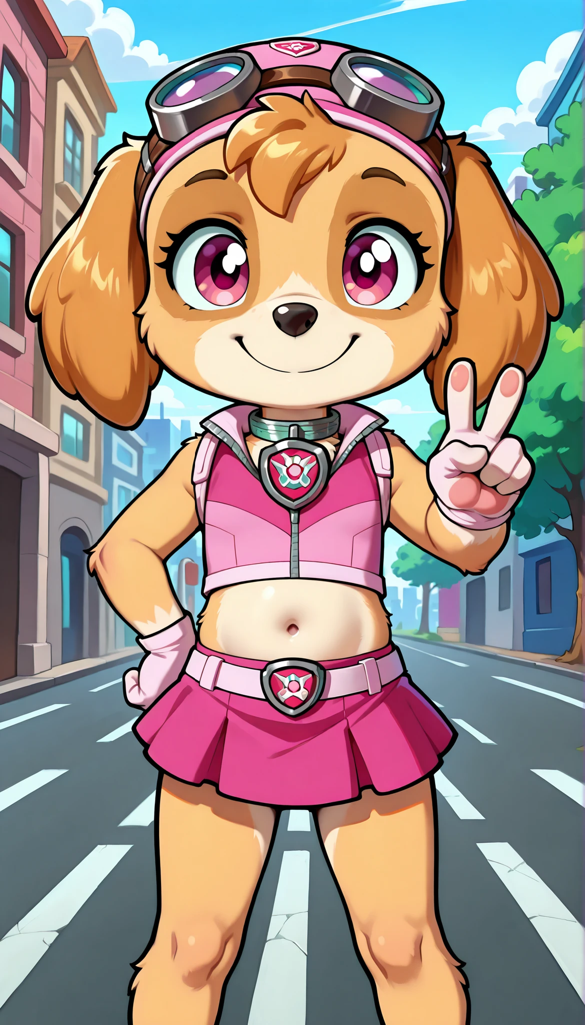 score_9, score_8_up, score_8, 1girl, source_cartoon, source_furry, skyepp, dog, furry, toddler, skye, paw patrol, cute face, 4 fingers, v, standing, ((goggles, pink pilot hat, Skye collar, pink top, midriff, pink mini skirt)), street on background, confident face, skinny, thin body, uperbody,