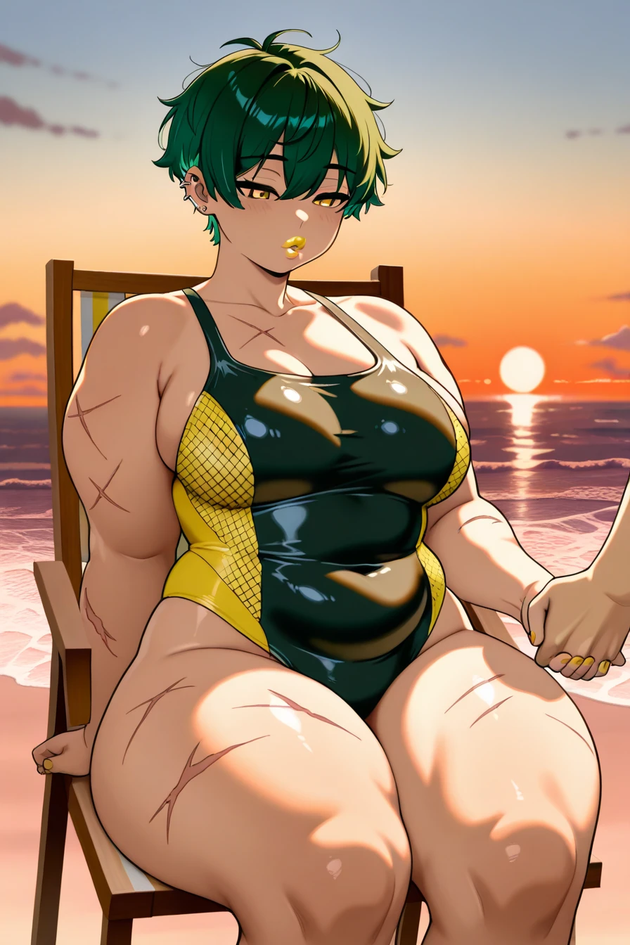 1girl,solo, beautiful, thicc thighs, huge breasts, wearing purple gradient bikini, in swimming pool,pure eyes, realistic pupils, highly details eye, perfect anatomy, good anatomy, good composition, armpits, sweating, Mom, milf, thicc thighs, lubricant skin groin area, oily skin, red armpits, sweat armpits, short hair, green hair