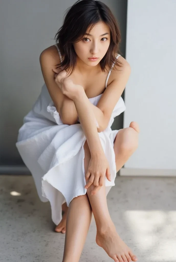 (8k, RAW photo, best quality, perfect anatomy, masterpiece:1.2), (realistic, photo-realistic:1.4), (extremely detailed 8k wallpaper), sharp focus, professional lighting, depth of field, cinematic lighting, 25 years old Beautiful and cute japanese actress, smile, wearing a traditional Japanese kimono, Crouching Open the foot in under hair