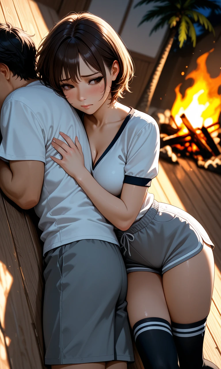 A couple is sleeping on a bed outside a camp on the mountain. The woman is wearing a red underwear and has big curvy hips. It is night and a fire is burning.