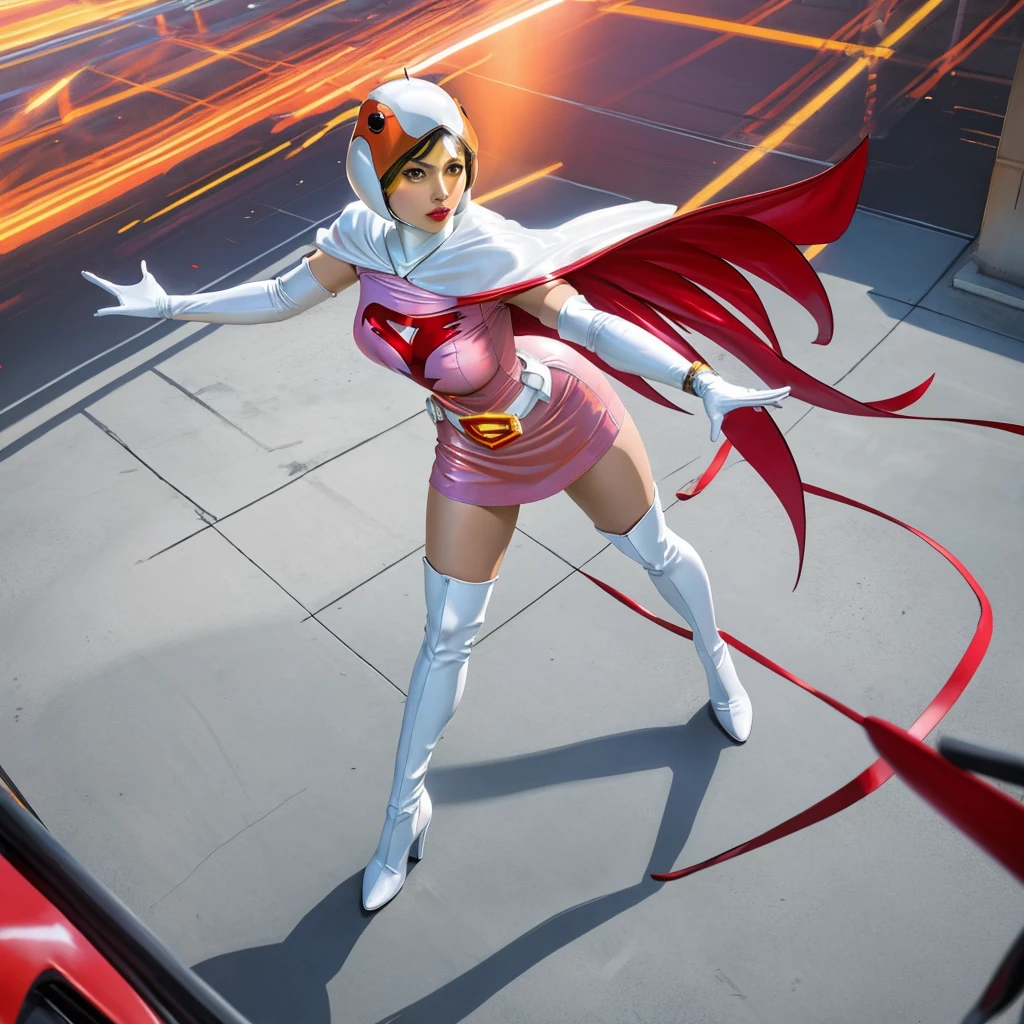 ANI_CLASSIC_jun_gatchaman_ownwaifu,1girl, 15yo,good anatomy, masterpiece, best quality,realistic, hyperrealistic, 16k hdr, long hair,breasts,green eyes,lips,large breasts,lipstick,makeup,gloves,cape,helmet,belt,elbow gloves,white gloves,mask,ultra miniskirt,leotard,spacesuit,white tight overknee highheels boots,pink dress,superhero,bodysuit,cleavage,erected nipples,(sexy pose,from below:1.2),(spread legs:1.1),cameltoe