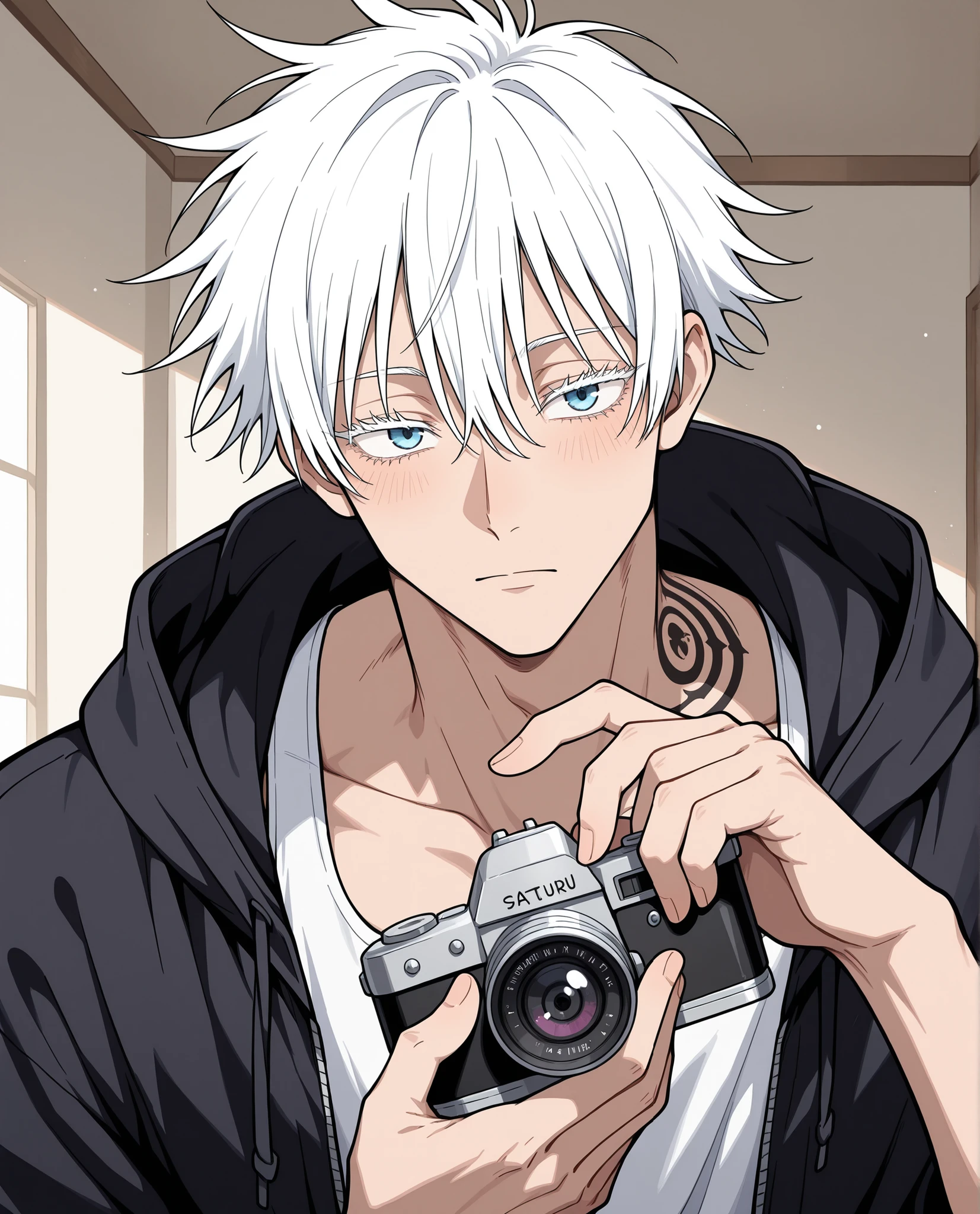 Satoru Gojo,Erwachsene, Jujutsu Kaisen, white hair, kurzes Haar, ((hair between eyes)), dyed eyelashes,  white eyelashes , blaue Augen, complex rainbow skin, detaillierte Augen,  muscular man , sexy Mann, gutaussehender Mann, pretty face, eine Kamera haltend, tattoos on neck and fingers,  tired expression , Bad guy, black hoodie unzip,  white tank top, Skizze, black and white, studio room background, Zeichenstil,realistic facial features,  detailed features , well-defined facial features, Style semi-realistic, bemalter Stil, detaillierter Stil, Allein, bemalter Stil, Minimalismus, Nice face, Adult male style, kurzes Haar,  beautiful eyes , Nice face.