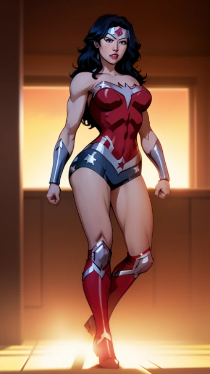 (masterpiece:1.2), (best quality:1.2), perfect eyes, perfect face, perfect lighting, 1girl, MILF, Female, superhero, leotard, bare legs, hands on hip, full body, city backdrop, 1girl, Wonder Woman,