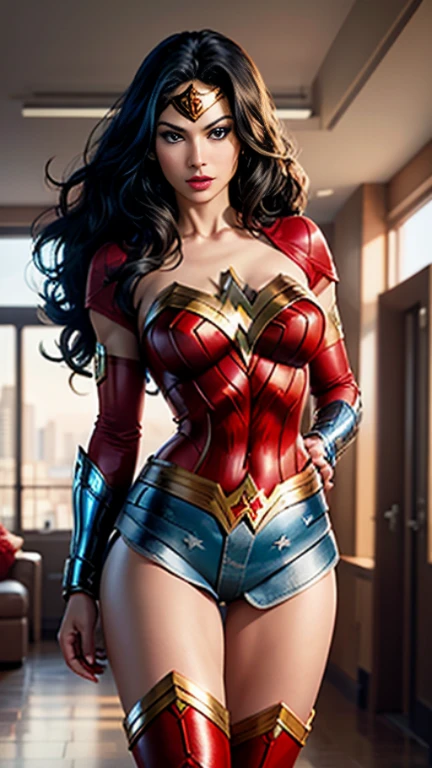 (sexy wonderwoman costume:1.4), wrist gauntlets, wrist gauntlets, knee-high gladiator sandals, red boots, bullet-deflecting cuffs, crown-shaped earrings, thigh-high stockings, highly intricate, highly detailed, over the shoulder, long shot, ravishing 28 year old (german:1.3) woman with honey skin color and a athletic body, (auburn tints hair:1.5), (textured bob hair style:1.2), (fake massive boobs:1.3), slim waist, (perfect round ass and hips:1.2), sfw, sexy outfit, gold eye color, black pupils, focused eyes, opening mouth wide, (charcoal grey lipstick:0.4), arched lips, angular lines nose, curved lines eyebrows, dramatic mauve upperlash eyeshadow and eyeliner, no earrings, no tattoos, 8k, perfectionism, masterpiece, rim lighting, vibrant colors, sitting cross-legged, sitting down, perfect face, upper body, cleavage, breast focus, skin pores, intricate skin texture, realistic skin, detailed eyes, sharp pupils, realistic pupils, (facing forward:1.2), in a bed