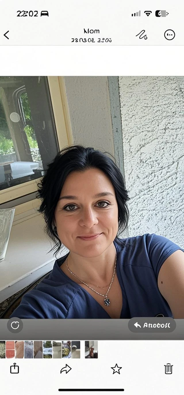 smiling woman in white shirt and blue pants standing outside of a store, about 40 years old, 40 years old women, 40years old, (38 years old), 40 years woman,