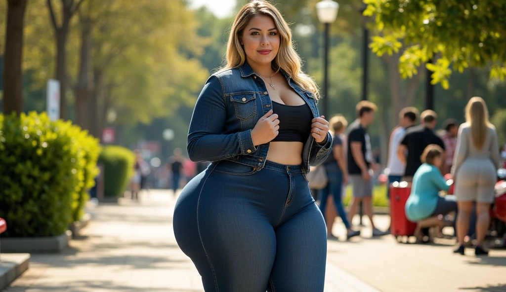 araffe woman in a yellow shirt and blue denim jeans walking down a street, thicc, she has a jiggly fat round belly, bbwchan, wearing tight simple clothes, skinny waist and thick hips, widest hips, her belly is fat and round, soft curvy shape, hyperrealistic full figure, wearing a cute top, wide hips