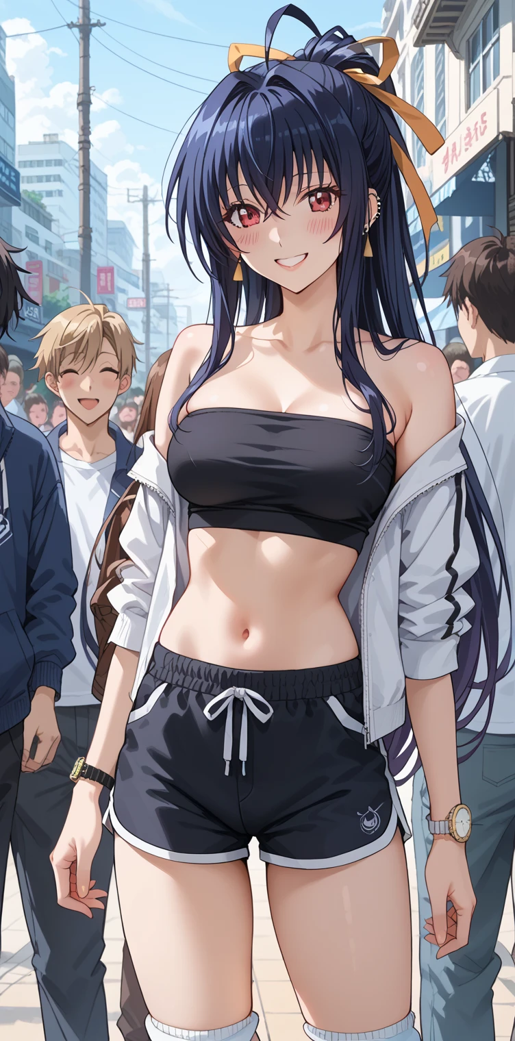 Matsuura kanan love live, long hair, blue hair, purple eyes, gym bra, bike shorts, standing, puffy crotch , skindentation , realistic art style , energetic smile,in street, lake in background, multiple boys, taking picture with boys , sexual harassment