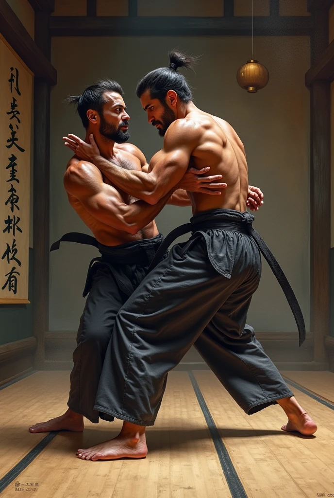 Two handsome men dressed in black under the rain doing karate