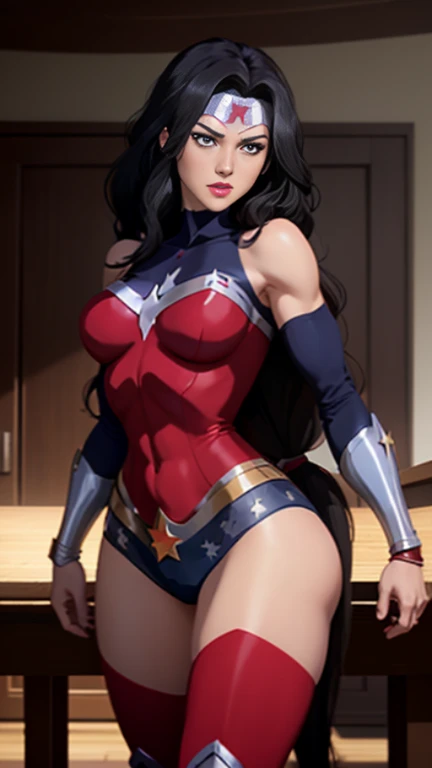 1 woman, long dark brown hair, big breasts, blue eyes, ((detailed eyes:1.2)), wearing superhero outfit, sleeveless, nsfw, sexy, sensual, sideboob, masterpiece, top quality, best quality, official art, beautiful and aesthetic:1.2), extreme detailed, colorful, highest detailed