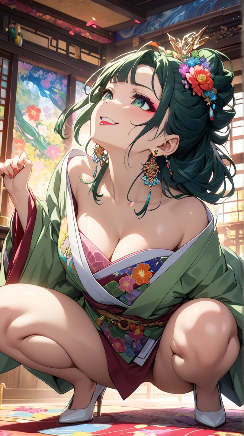 nsfw, ((ung and beautiful girl:1.2)), absurdres, (8k, RAW photo, best quality, masterpiece:1.2), High detail RAW color photo, professional photograph, cinematic light, (finely detailed face:1.2), (masterpiece:1.5), (best quality:1.2), (smiling:1.2), (looking at viewer:1.2), ((cleavage:1.2))
Scene: Expands the garden vertically by using an artificially created green wall. Enriches the space and incorporates greenery into urban life,
Expression: smiling and blush,
Character: A slender and beautiful girl,
Attire: A design featuring a glamorous floral patterned kimono with a deep V-neck and a sexy slit. Characteristics: A fusion of cuteness and sexiness