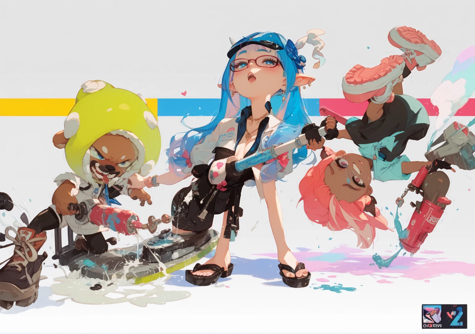 4 Splatoon Girls, bust_chart,(white background:1.2),(bikini:1.2)  ,white background, (flat chest:1), (small breasts:0.8),  highest quality ,masterpiece,