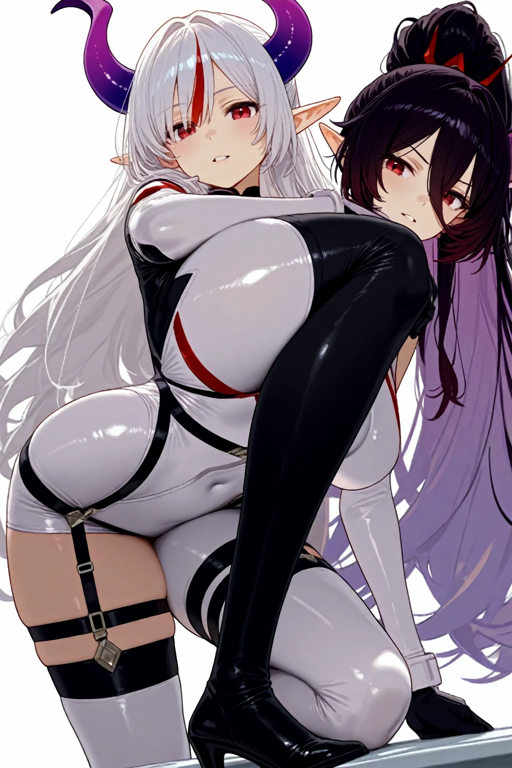 Sexy and glamorous woman、Gray eyes、Gray Hair、Long Hair、ponytail、Black Ribbon、White skin、Exposed chest、Waist exposed、See-through black clothes、Navel exposure、Transparent and sexy knee-high socks、Looking up、bed、Mystical effects、night、Maid