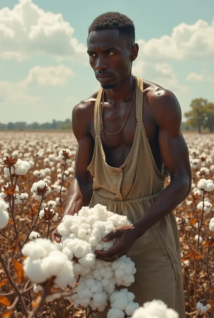 a angry African man in a field of coton
make him pick the coton and cry