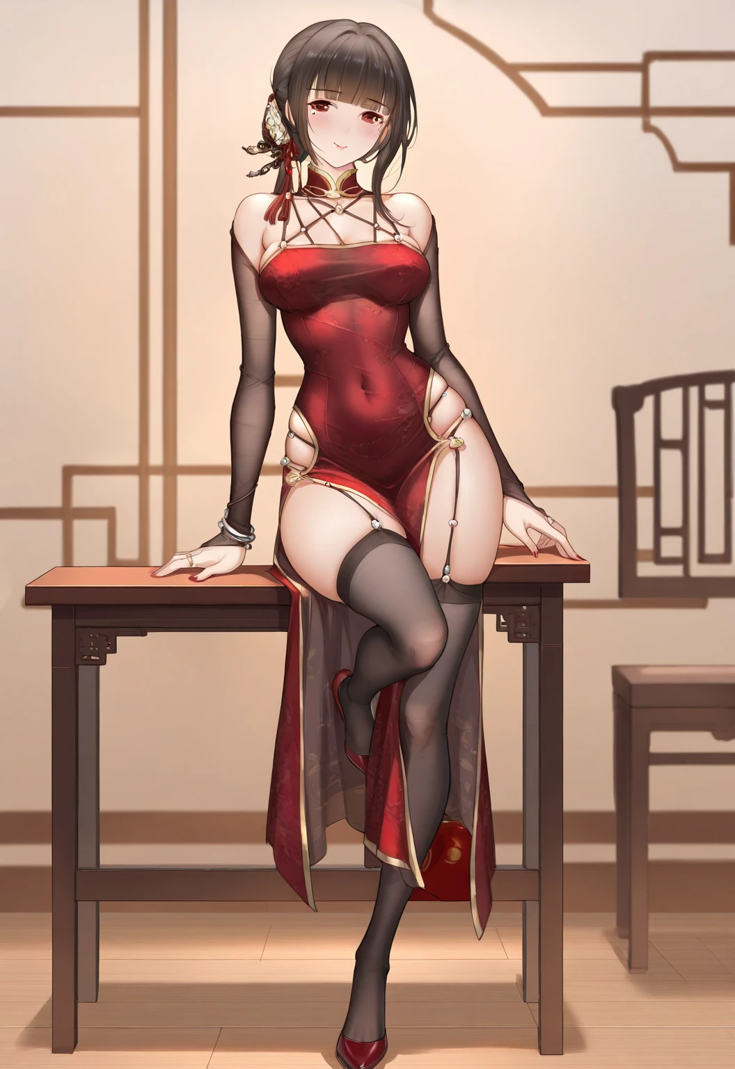 {{masterpiece}}, {{{Highest quality}}},{{Very detailed}},｛Gym waiting roomの椅子に深刻な表情で座っている成熟した女性｝,A sleeveless red cheongsam with a slit,Sit on a chair.,　from side,cowboy shot,Focus on legs,{{one eye closed:1.4}},　anger{{Grit your teeth}},Sit with your back to the hunchback.{{blush}},{{V-shaped eyebrows}},{{Female Fighter}},Small breasts,{{Slender body}},{{Adult woman sweating with fatigue}},get annoyed,pain,A sleeveless red cheongsam with a slit　Long black hair　Black knee socks　　Black arm cover　Fingerless gloves　short boots　Place your hands on your knees　Waist belt　Red pelvic curtain　　Gym waiting room