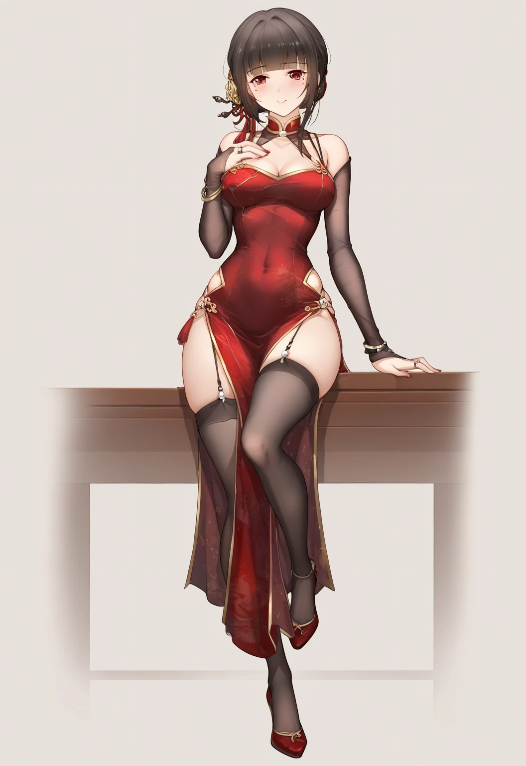 ((Highest quality)), ((masterpiece)), (Familiar), Hazy, Female,Mature Woman,Purple Hair, short hair, Low Ponytail, eye shadow, lipstick, Red eyes,White shirt,Large Breasts,Red and black jacket,Red tight skirt,Red Heels