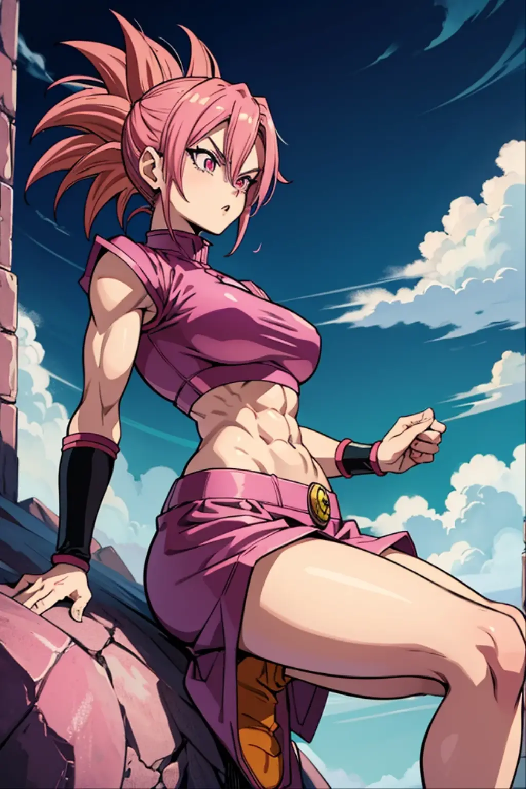 dragon ball anime style character, akira toriyama art style, woman, pink hair, pink eyes, furious, fighting stance, abs, muscular female, biceps, female saiyan armor, thighs
